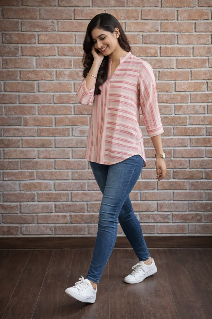 Top full sleeves pink striped jacquard 2.webp
