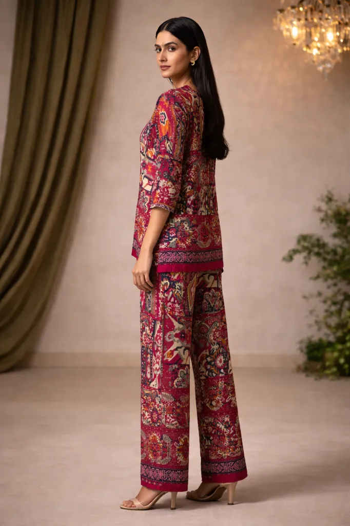 Co-ord Wine Red Short Printed (3).webp