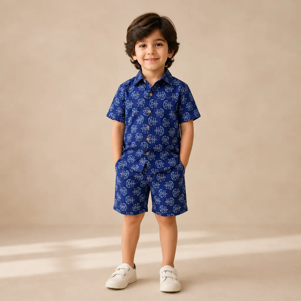 Co-ord Set Indigo Blue Lotus motif Block Print Boys (3).webp