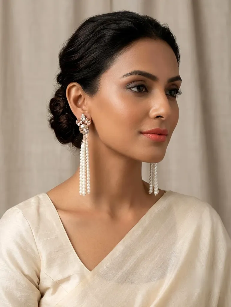 Champagne Crystal & Pearl Cascade Long Tassel Earrings 03091 (4).webp