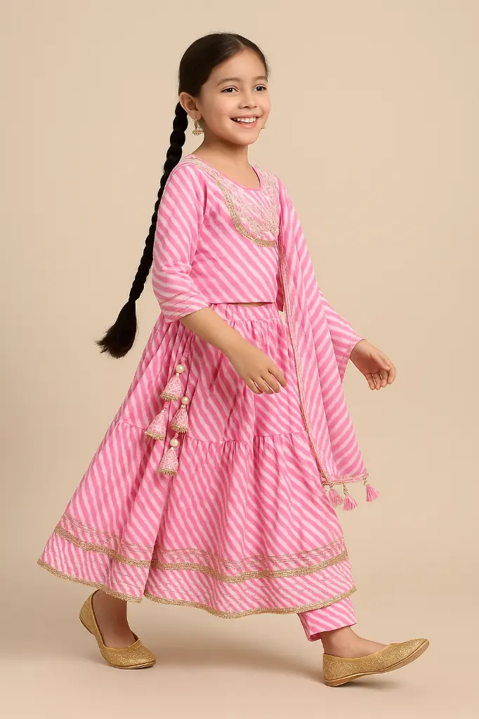 Kurta Ghaghara Baby Light Pink Leheriya Print (7).webp