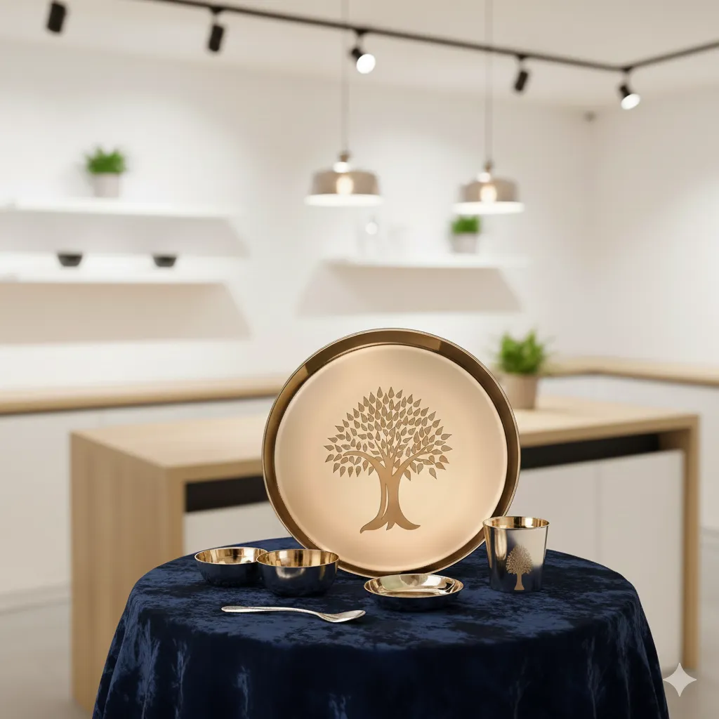 Kansa Dinner Set  6 Pcs Tree Design Glossy Finished – 1 Platter Dai .webp