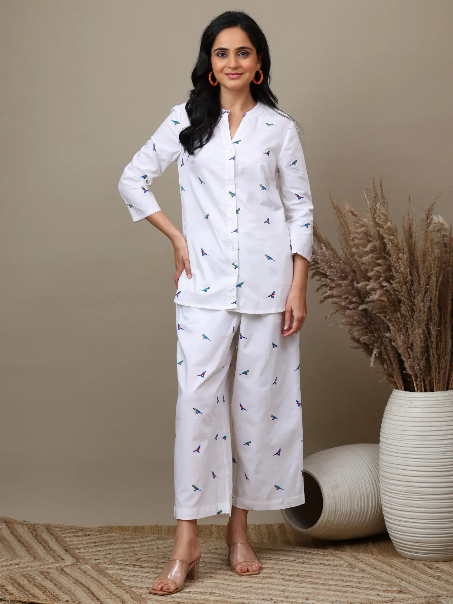 Short Co-ord White Bird Print