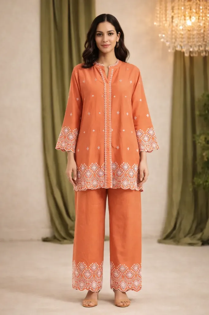 Embroidery Co-ord Set Orange