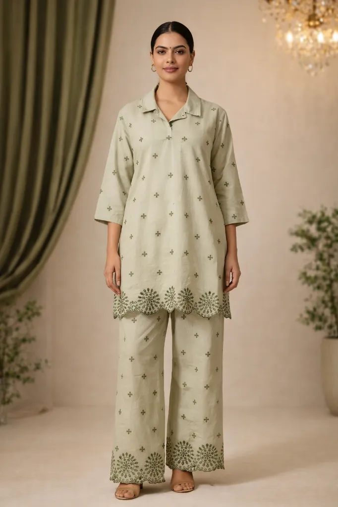 Embroidery Co-ord Set Olive Green