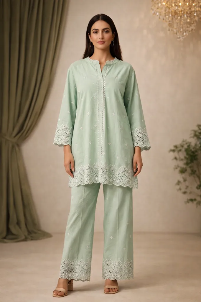 Embroidery Co-ord Set Green