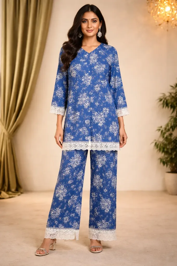 Co-ord Set Blue with White Lace