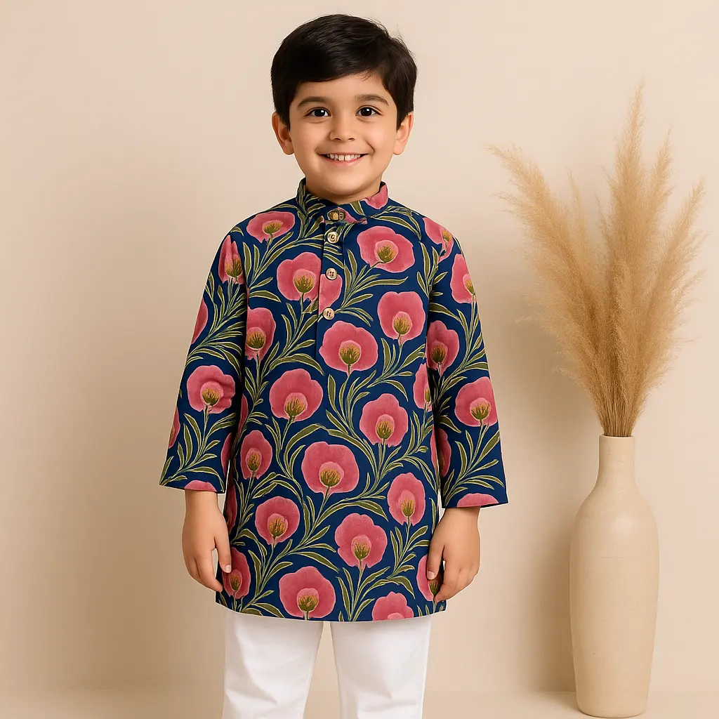 Kurta Pajama Navy Blue Floral KP0003