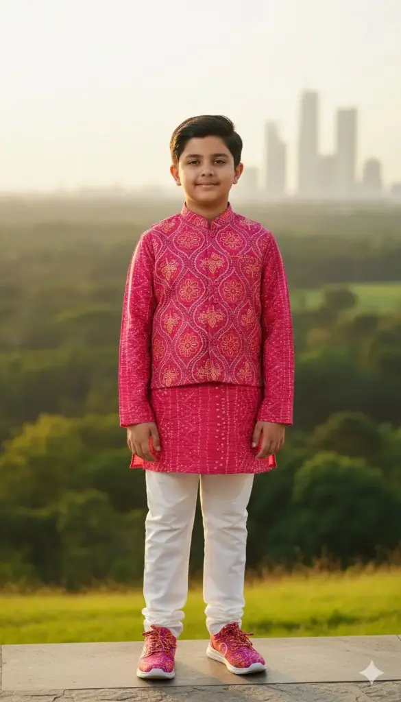 Boys Kurta Pajama with Jacket Bandhani Print