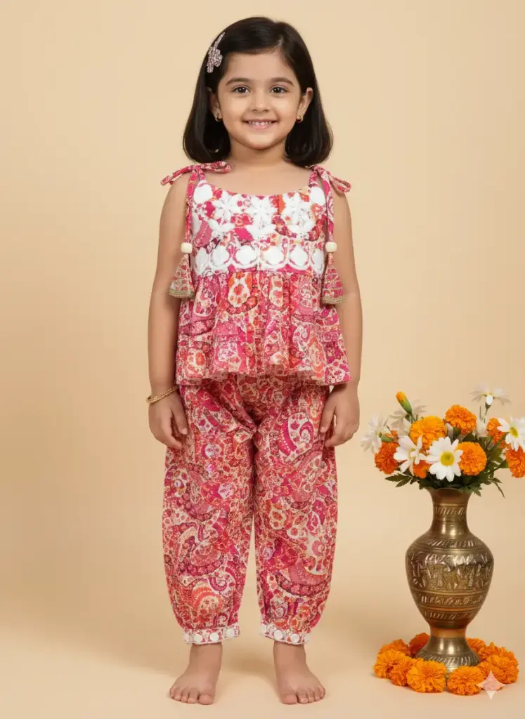 Jaipuri Peach Print Spaghetti Top Afghani Print (6-9M)