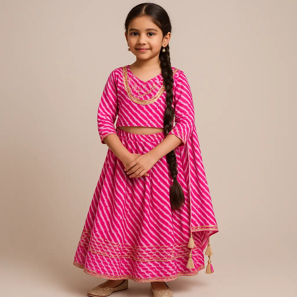 Kurta Ghaghara Dark Pink Leheriya Print