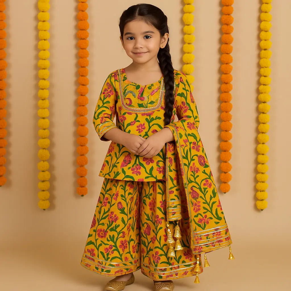Kurta Ghaghara Yellow Green Leaf Print-1