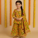 Kurta Ghaghara Yellow Green Leaf Print-1