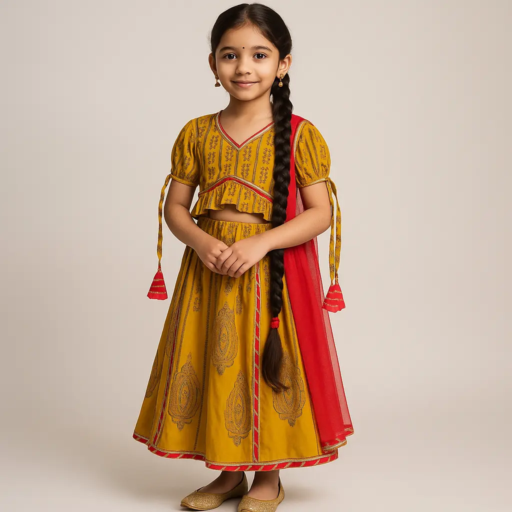 Kurta Ghaghara Yellow Green Leaf Print-2 (6-9M)