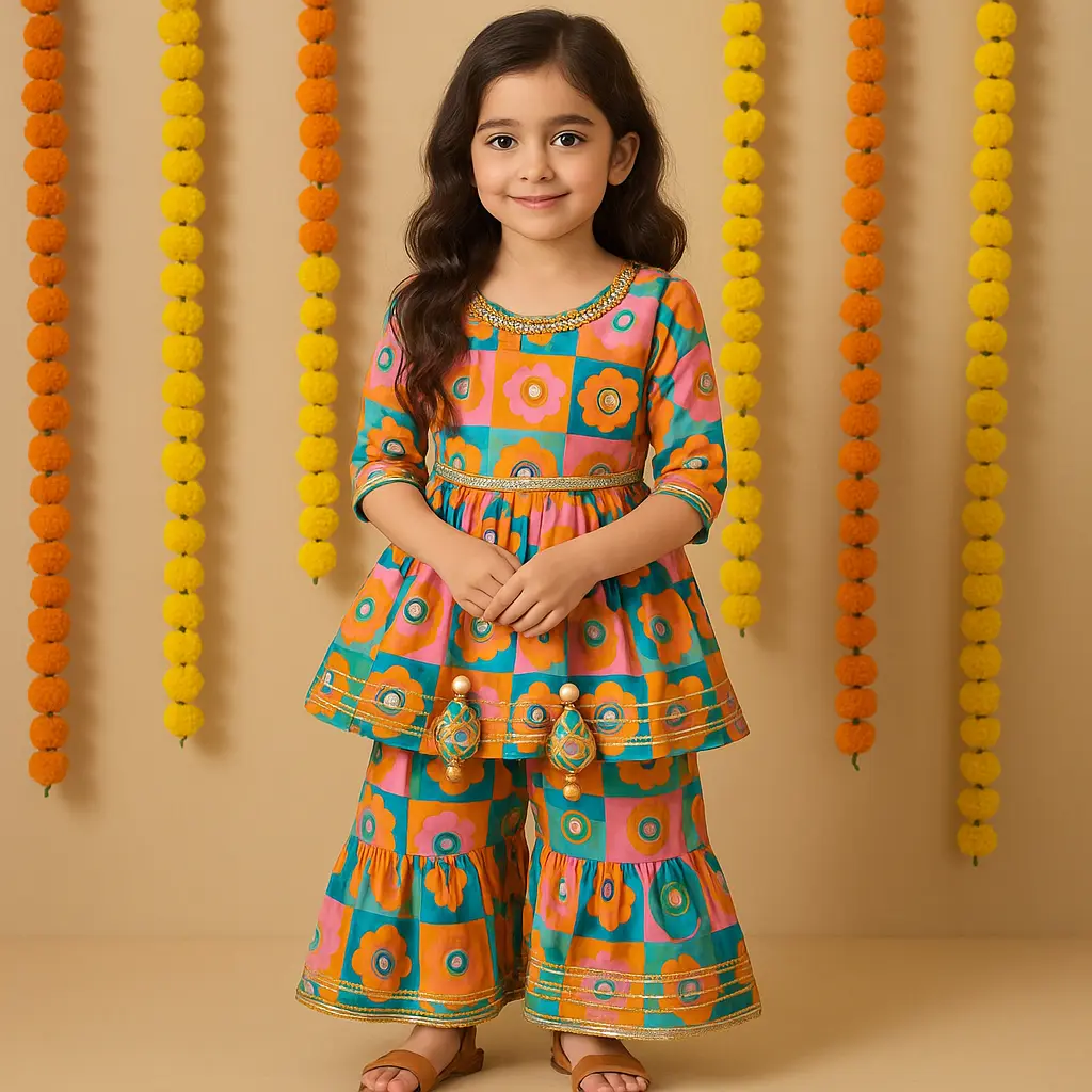 Kurta Sharara Orange Pink Flower Print