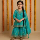 Kurta Sharara Peacock Green Foil with Dupatta