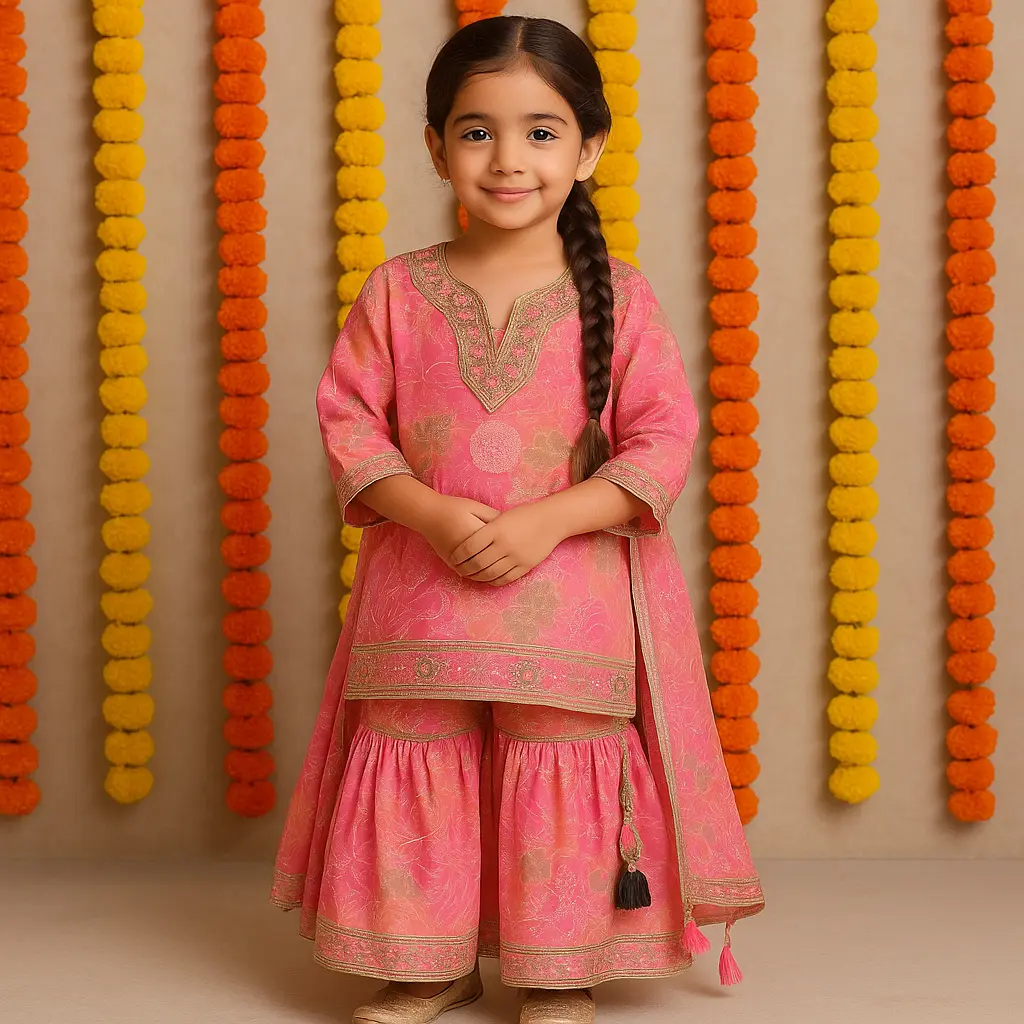 Kurta Sharara Pink Foil with Dupatta (6-9M)