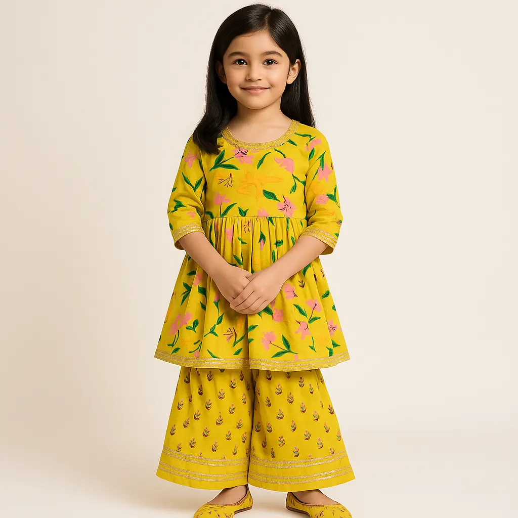 Kurta Sharara Yellow Green Leaf Print (6-9M)