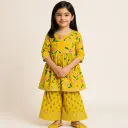 Kurta Sharara Yellow Green Leaf Print
