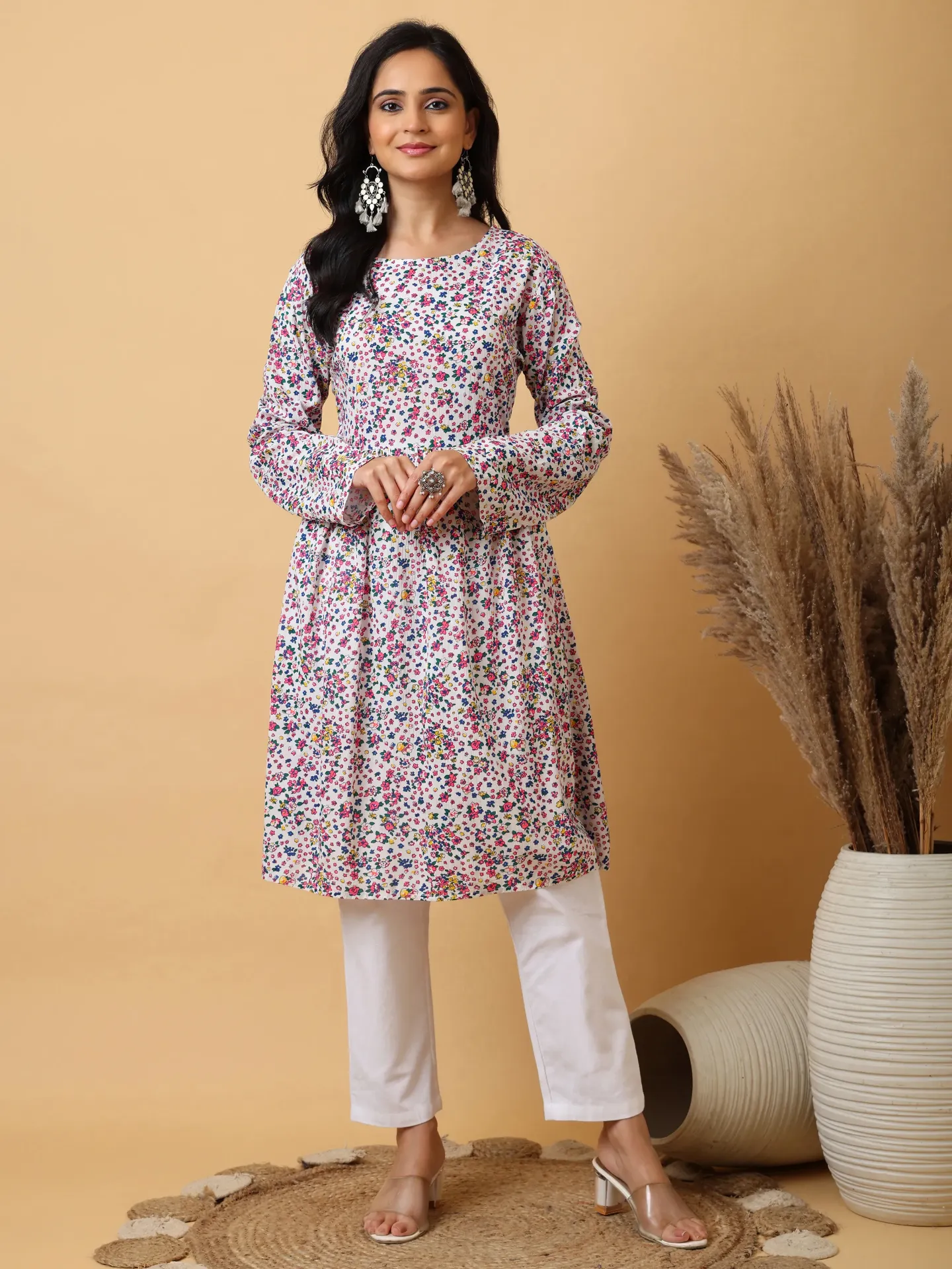 Short frock purple white floral print (L)