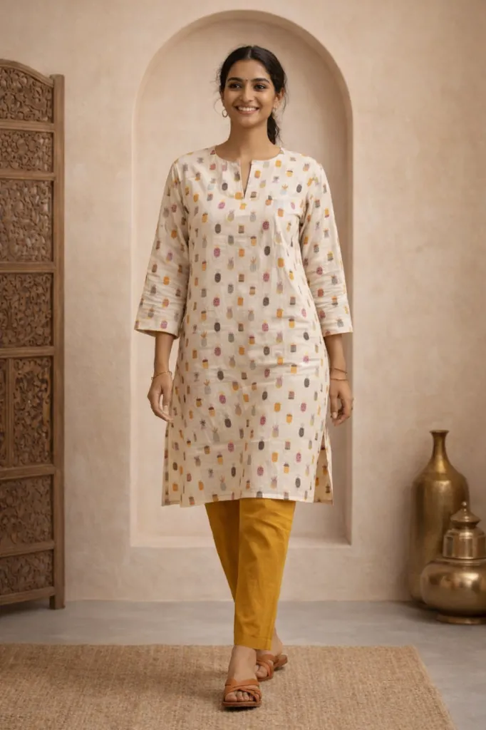 Long Kurti Beige and Multi Colour Print