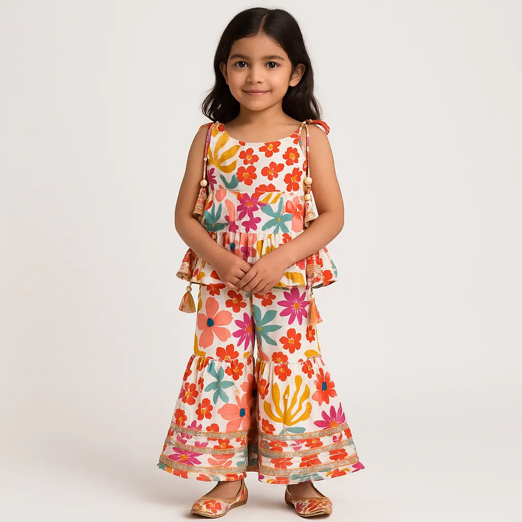 Kurta Sharara  Colorful Flower Print (RED)