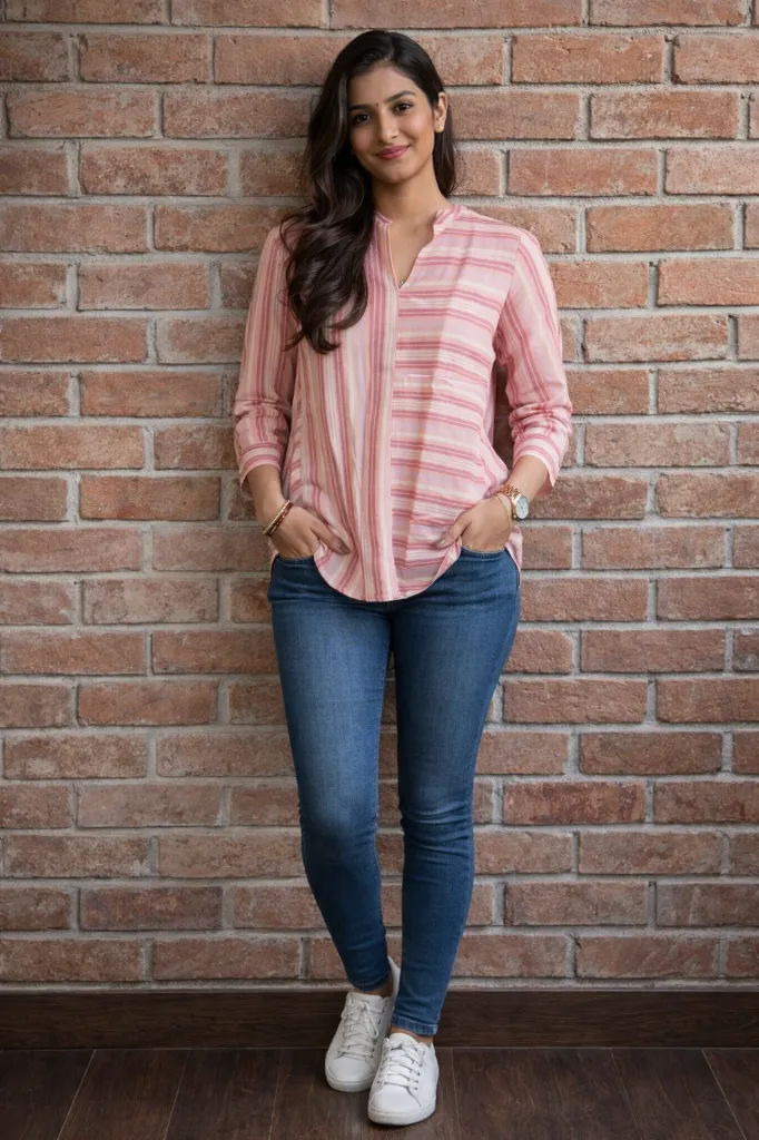 Top Full Sleeves Pink Striped Jacquard