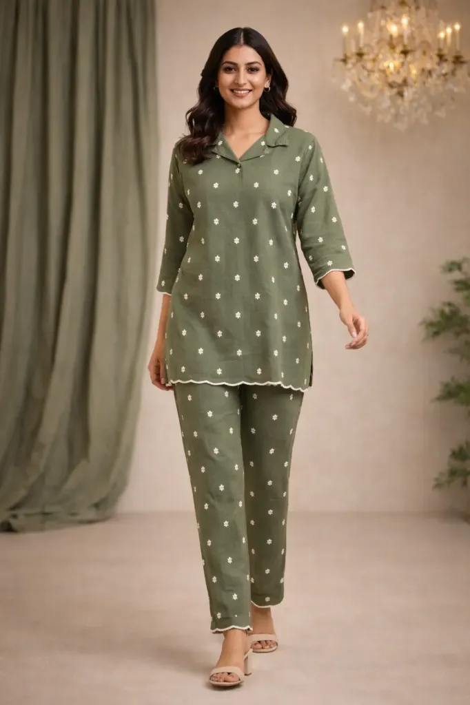 Co-ord Green Embroidery Short (M- Correct)