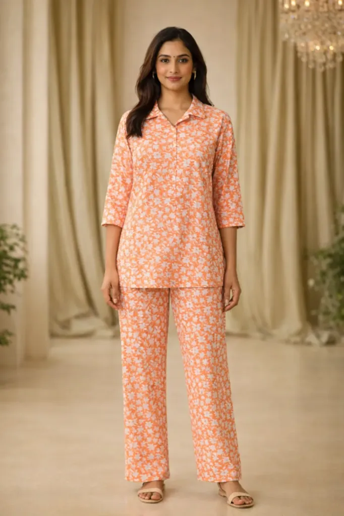 Co-ord Orange White Printed (M- Correct)