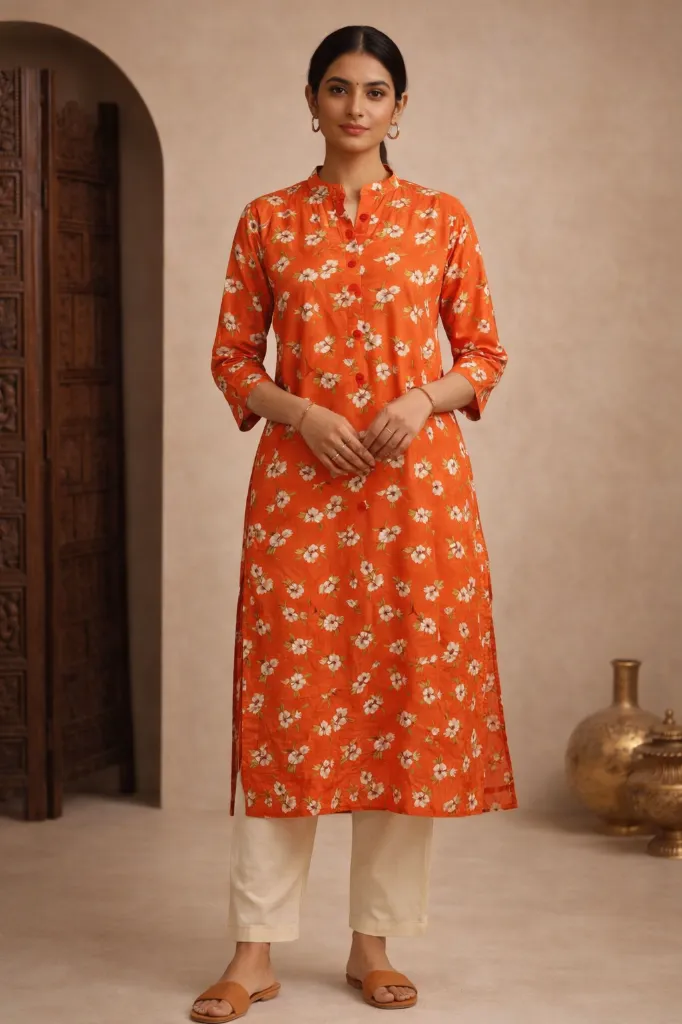 Long Kurti Orange & White Flower Print
