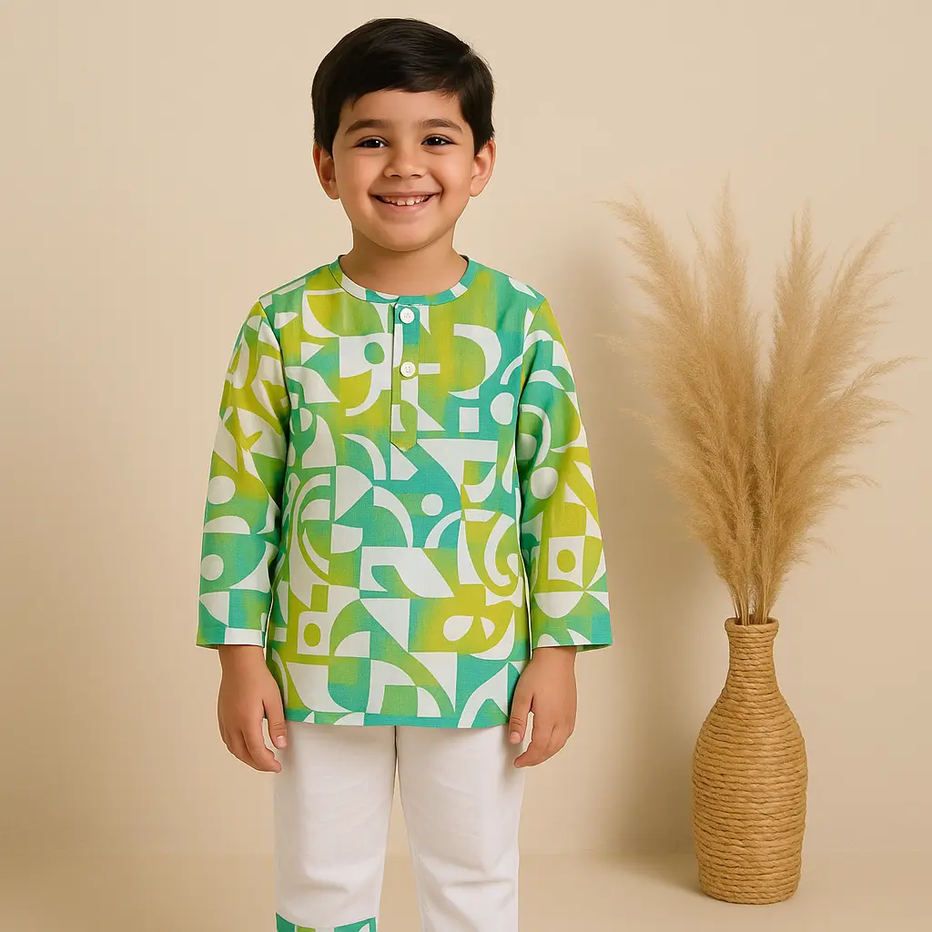 Indo Western Blue Green Printed PT (0 - 6 M)