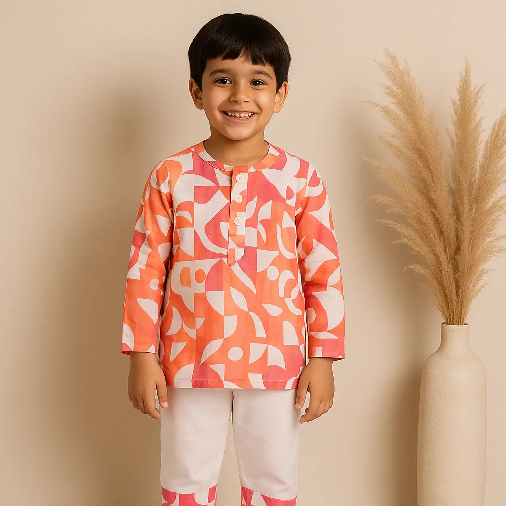 Indo Western White Orange Printed PT (9-12M (14))