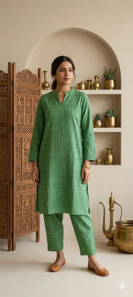 Co-ord Set Green Embroidery Long (M- Correct)