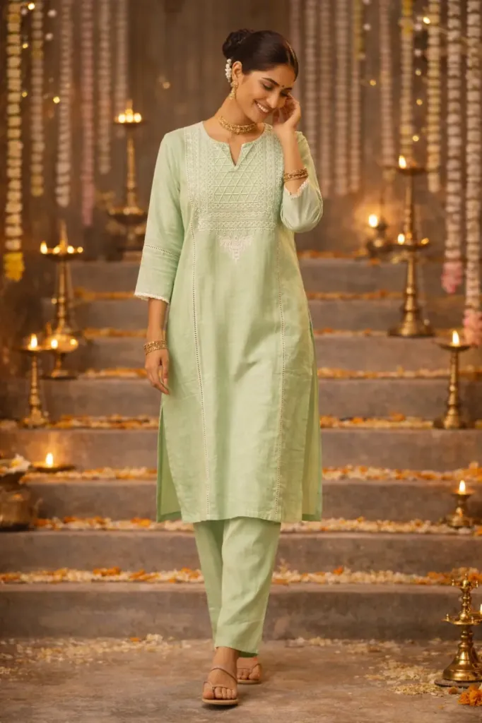 Skd Long Kurti Pista Green (M- Correct)