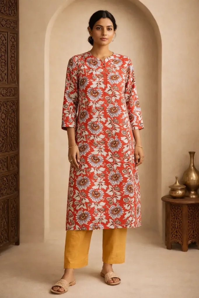 Long Kurti Orange White Flower Leaf Print