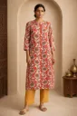 Long Kurti Orange White Flower Leaf Print