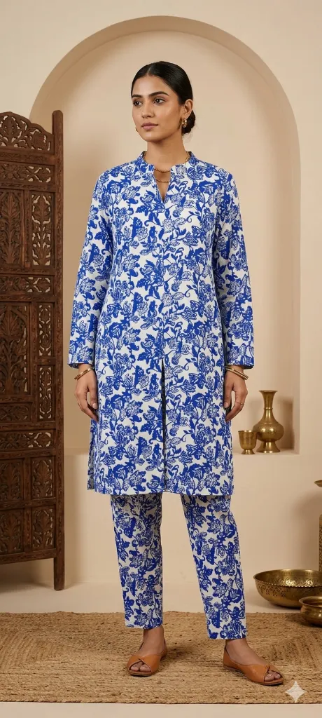 Co-ord Set Blue Printed Long (White)