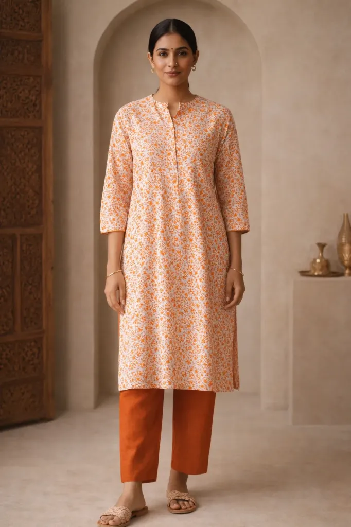 Long Kurti Light & Dark Orange Digital Print
