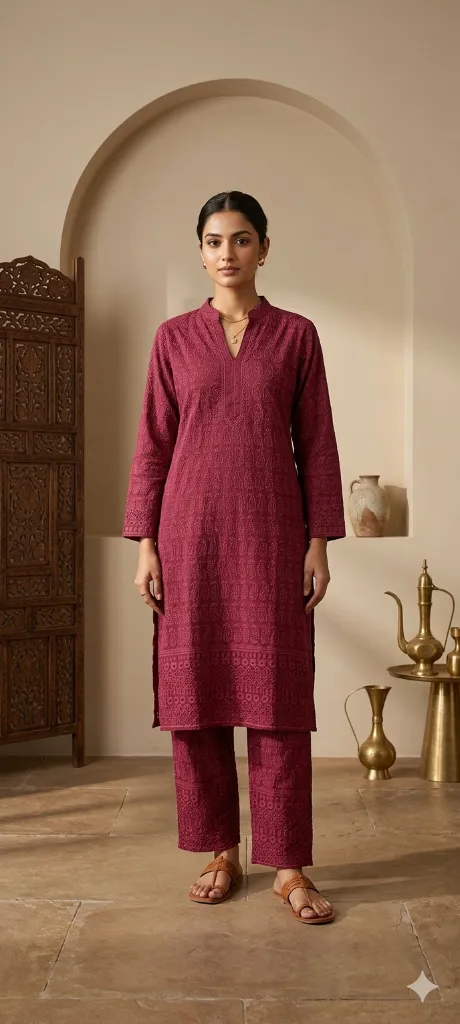 Co-ord Mehroon Embroidery Long