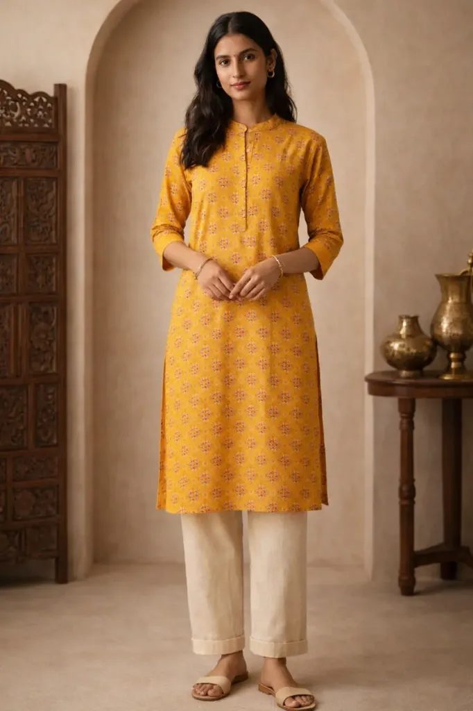 Long Kurti Yellow Orange Printed (L)