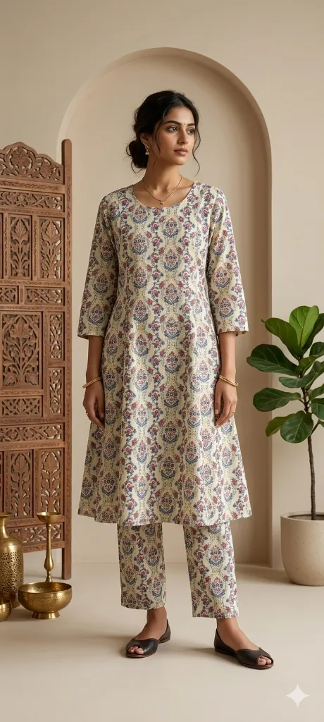 Co-ord Beige A line Long Printed (M- Correct)