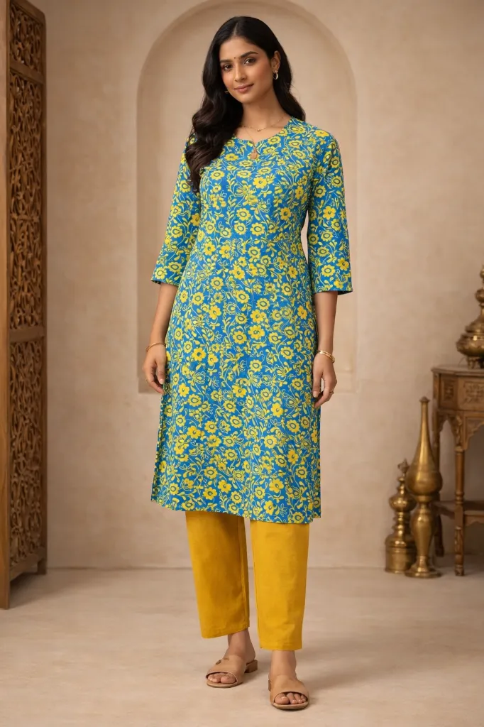 Long Kurti Green Yellow Flower (M- Correct)