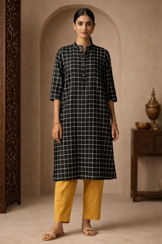 Long Kurti Black Check Print (M- Correct)