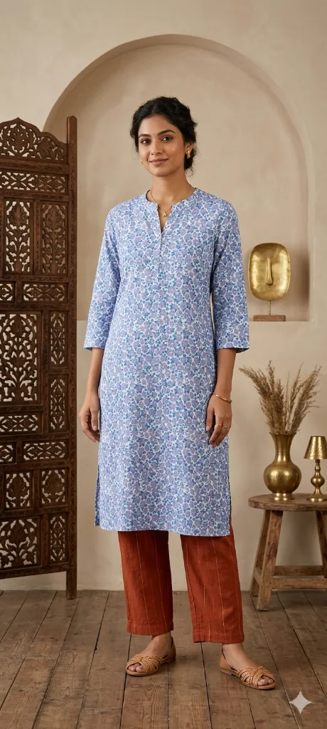 Long Kurti Blue & Blue Printed (M- Correct)