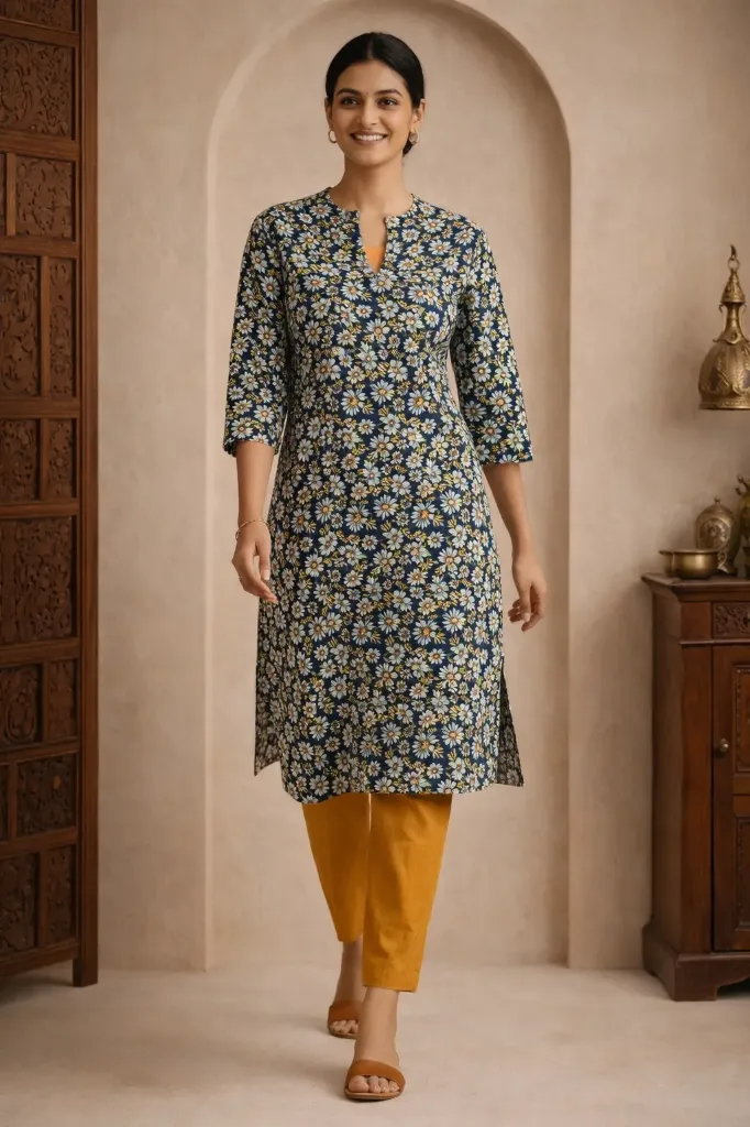 Long Kurti Deak Blue and White Flower Print (M- Correct)