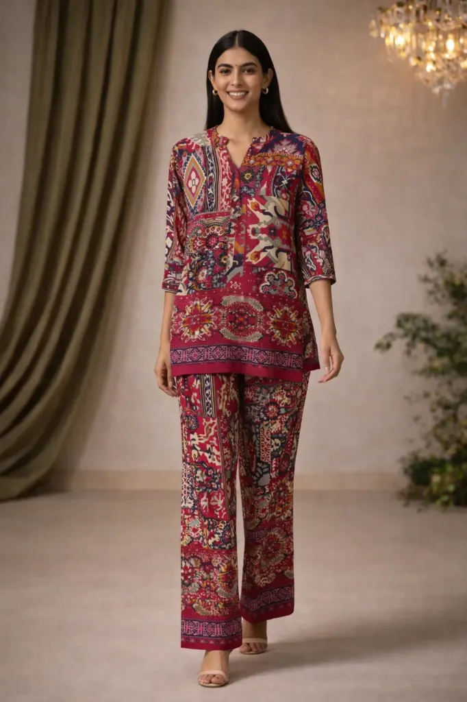 Co-ord Set Wine Red Short Printed