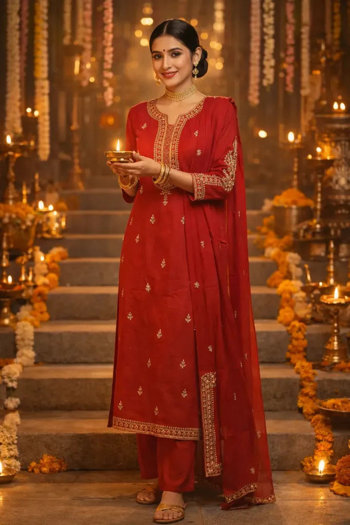 SKD Long Kurti Party Wear Red (M- Correct)