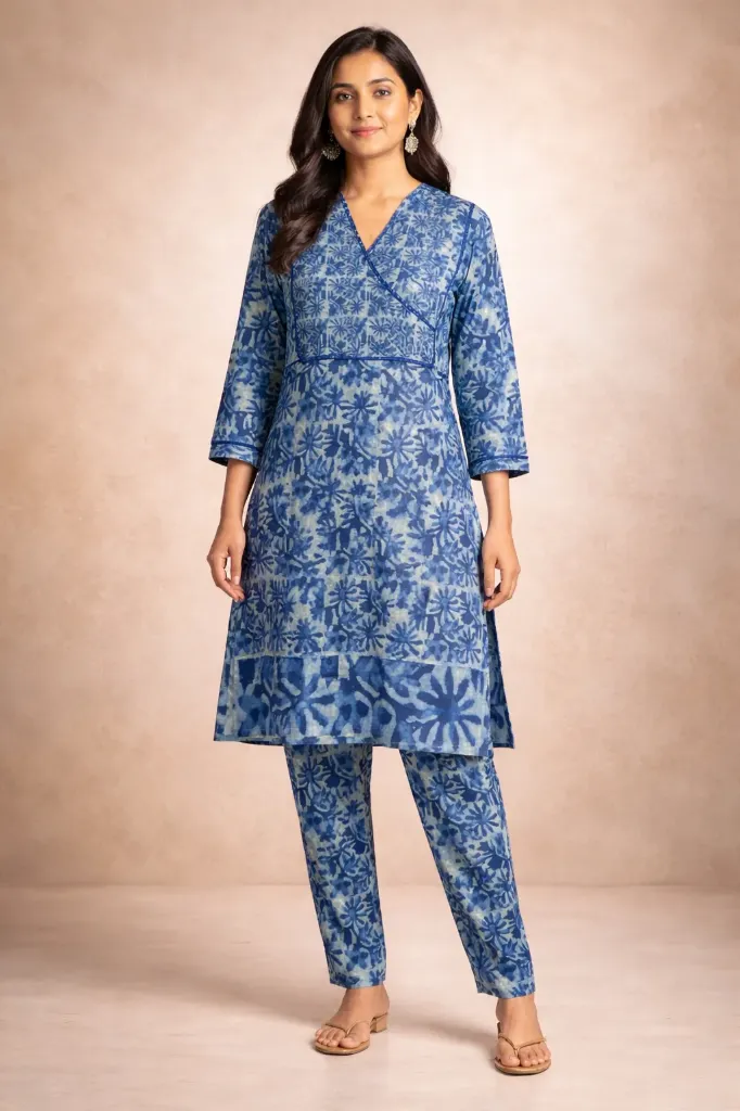 SKD Co-ord Set Indigo Flower Print Long (M- Correct)
