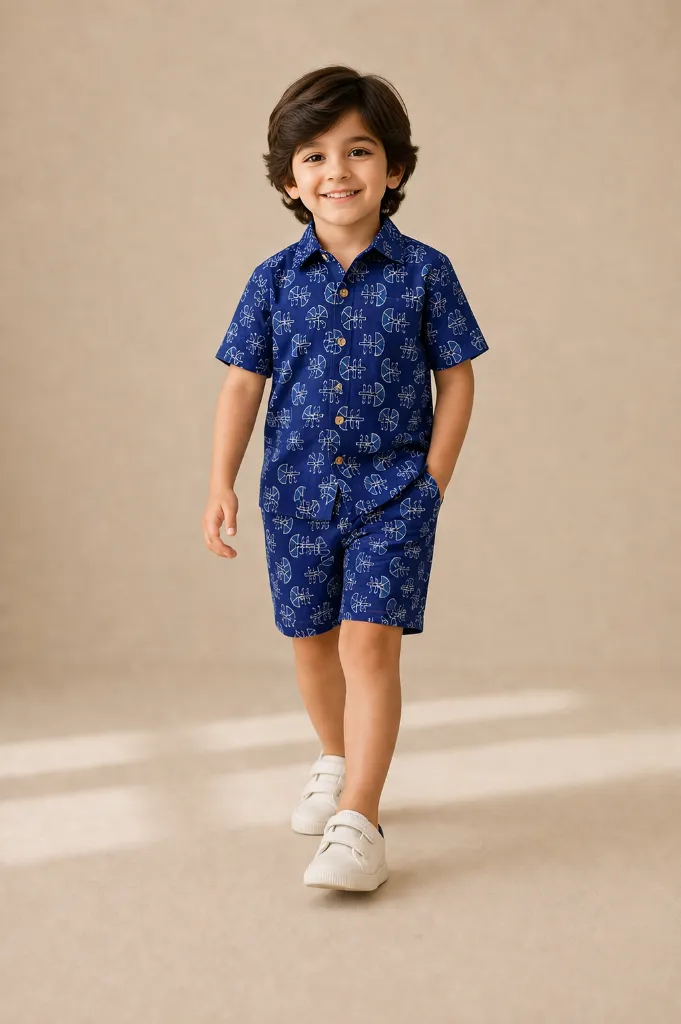 Co-ord Set Indigo Blue Lotus motif Block Print Boys (9-12M (14))
