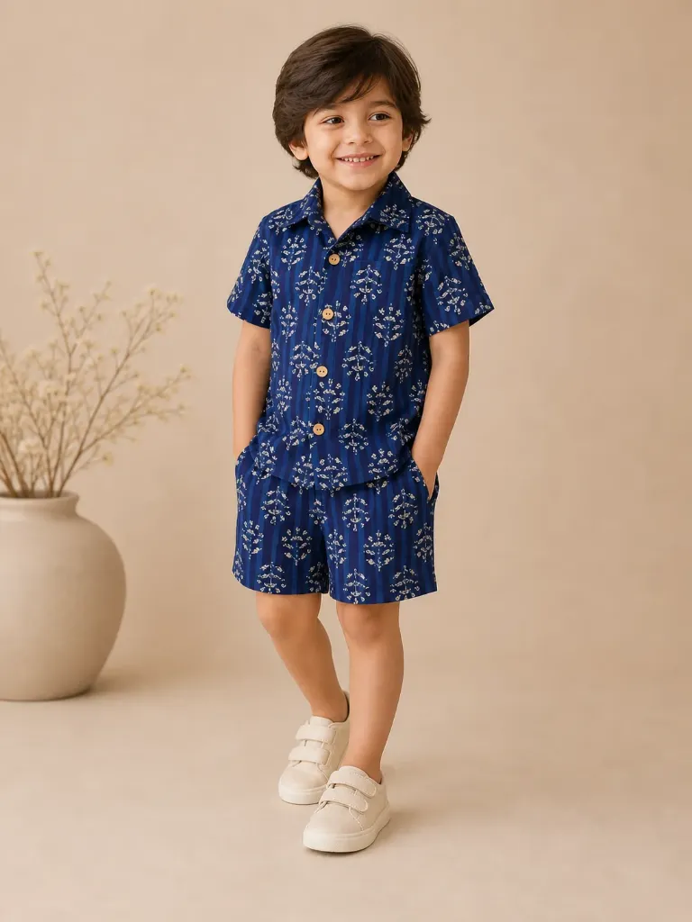 Co-ord Set Indigo Blue Straight line motif Block Print Boys (9-12M (14))